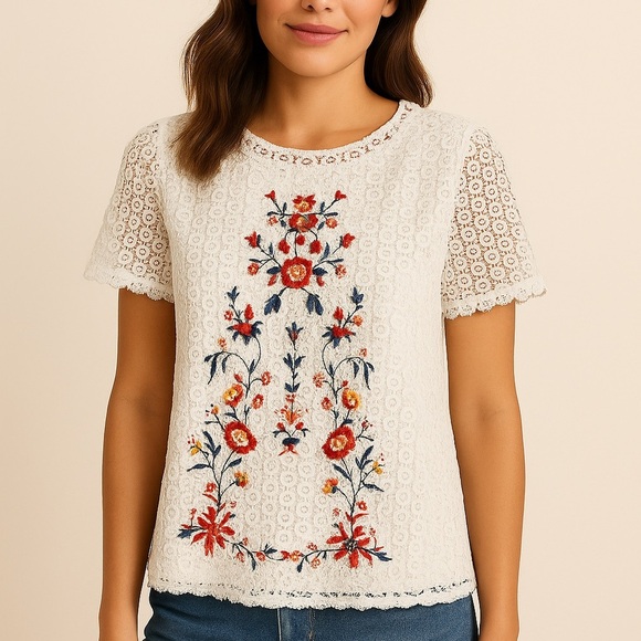 Umgee Women's White Lace Floral Embroidered Boho CottageCore Cottonblend Top Lg - Picture 1 of 8